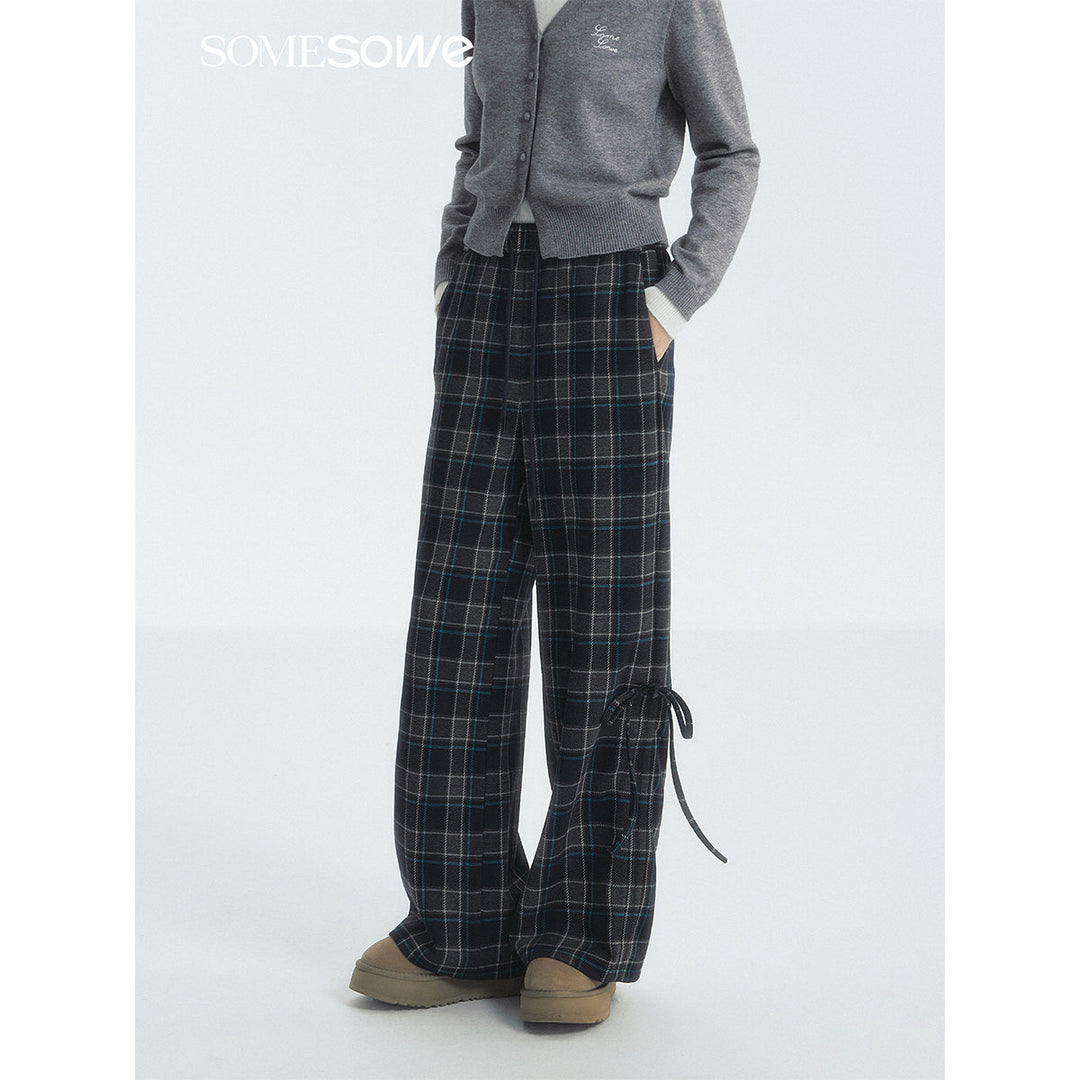 SomeSowe Bow Drawstring Plaid Wide-Leg Pants Blue