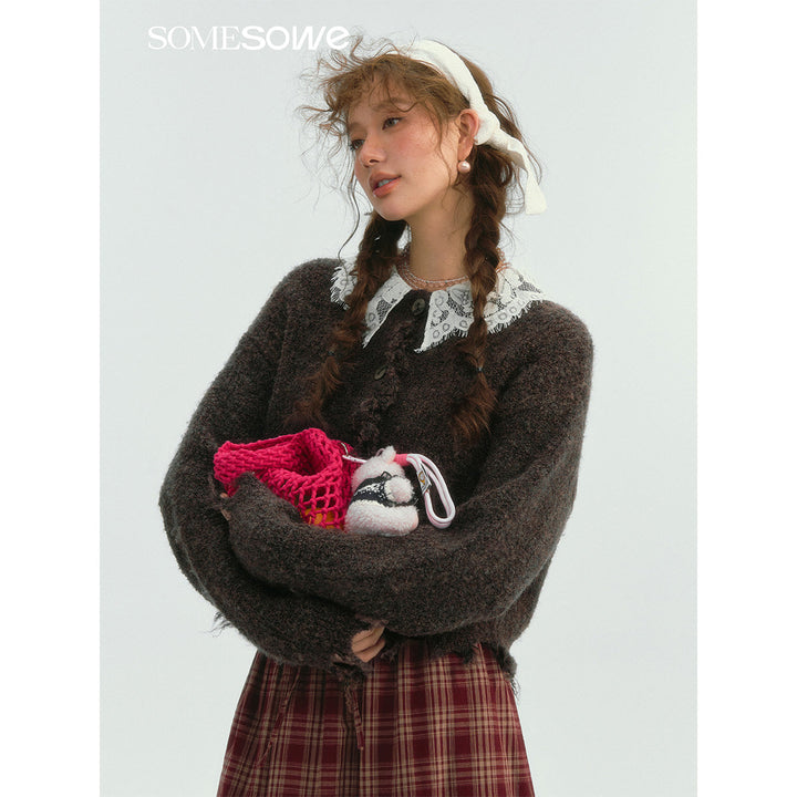 SomeSowe Lace Doll Collar Destroyed Cardigan Dark Brown