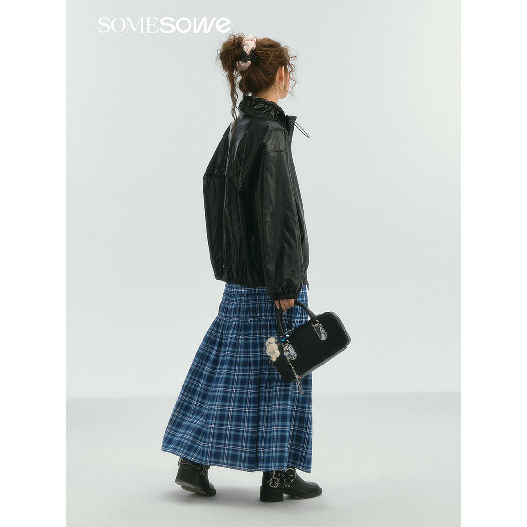 SomeSowe Lace Edge Plaid Drawstring Long Skirt Blue