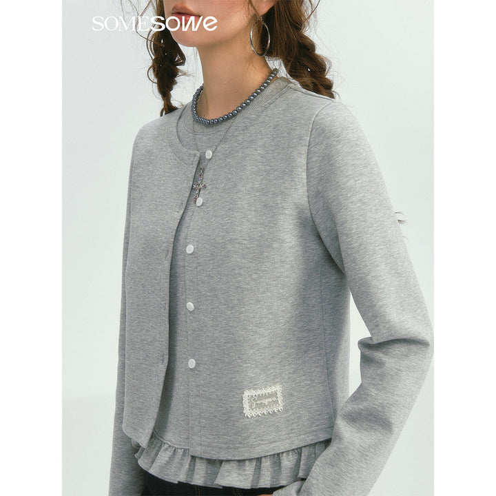 SomeSowe Fake-2-Piece Ruffled Round-Neck Top Gray