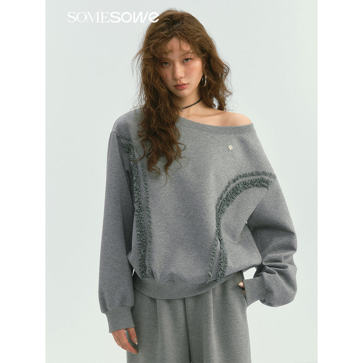 SomeSowe Lace Edge Boat Neck Casual Sweatshirt Gray