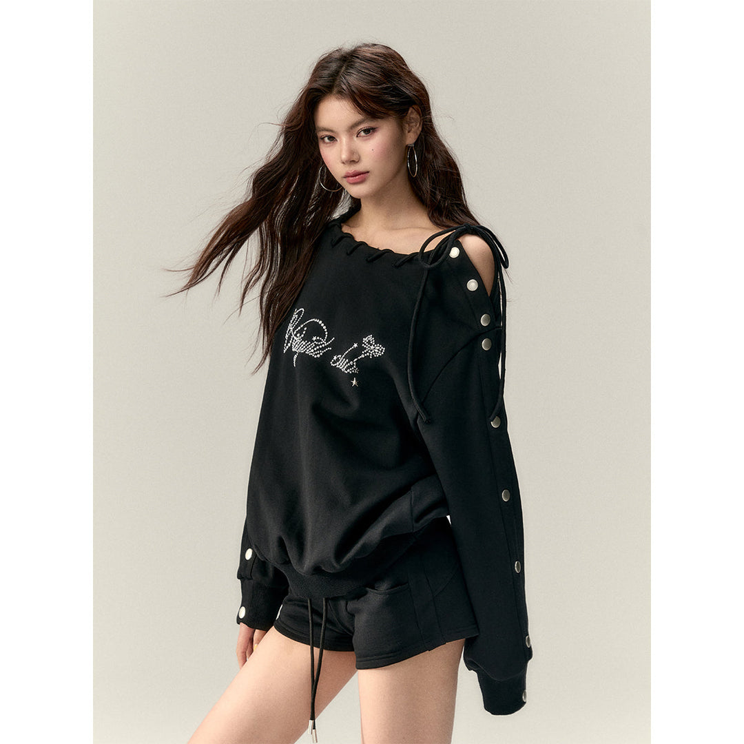 Via Pitti Nail Button Off-Shoulder Loose Sweat Top Black