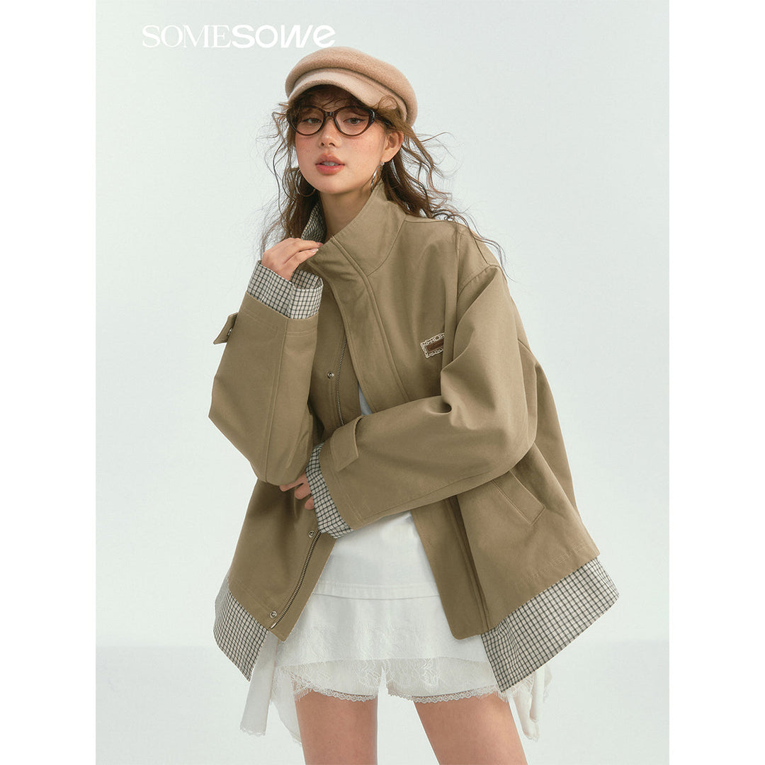 SomeSowe Plaid Patchwork Stand Collar Jacket Khaki