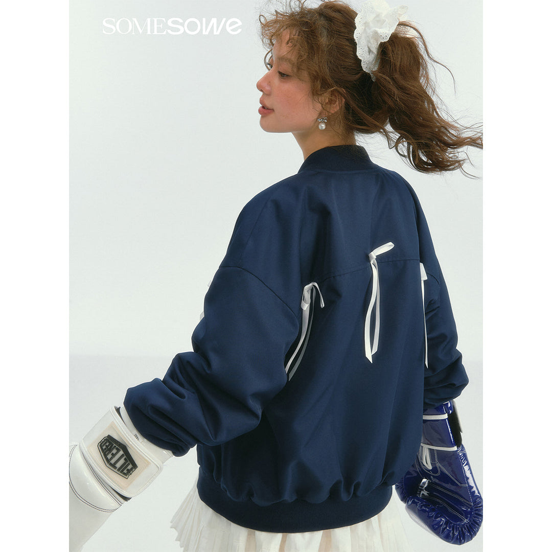 SomeSowe Bow Badge Casual Baseball Jacket Navy Blue