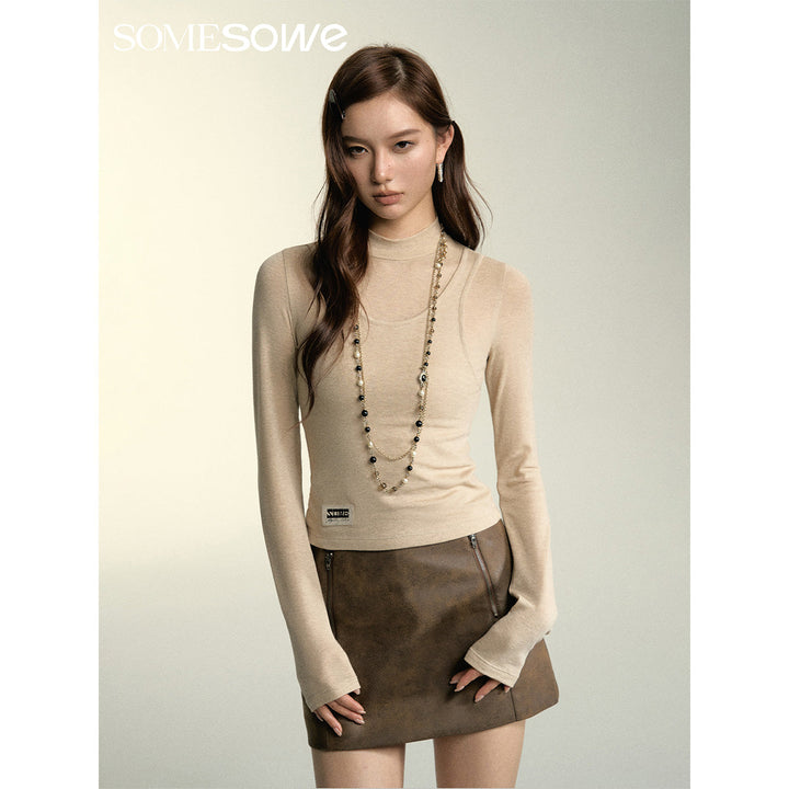 SomeSowe Turtleneck Fake-2-Piece Slim Woolen Top Khaki - Mores Studio