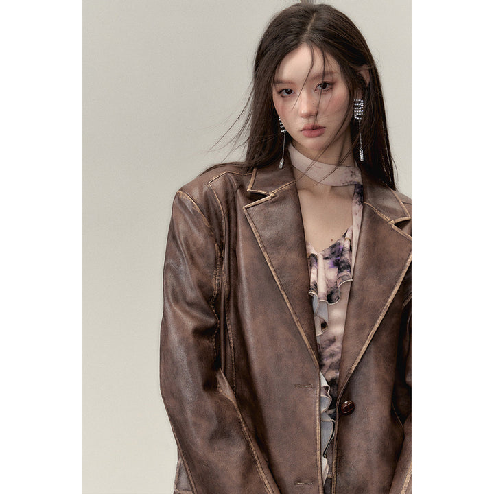 Via Pitti Distressed Heavy Washed Leather Jacket Brown - Mores Studio