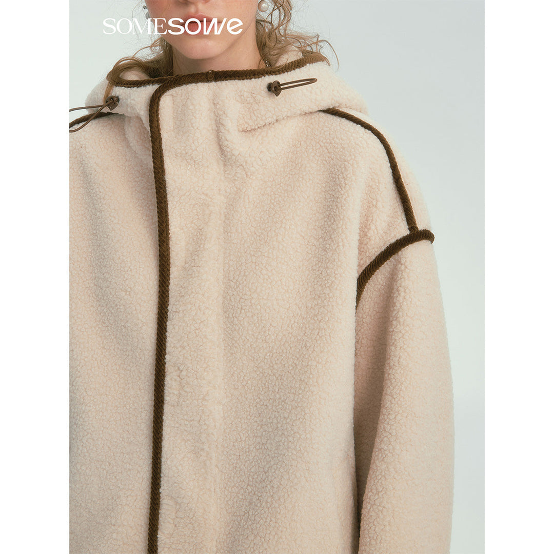 SomeSowe Contrast Color Edge Fleece Hooded Jacket Beige