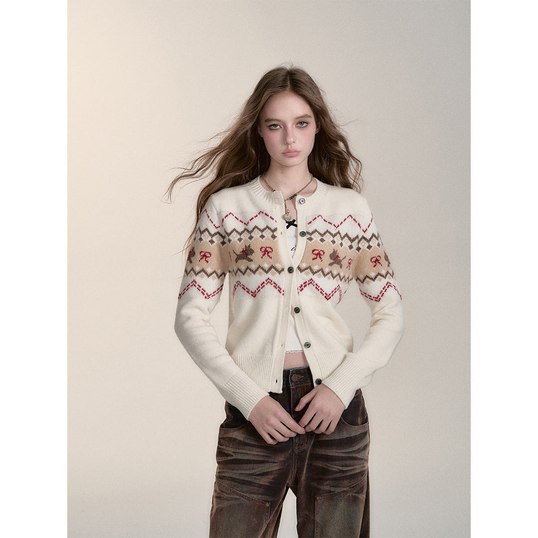 Via Pitti Fair Isle Puppy Shorts Knit Cardigan Beige