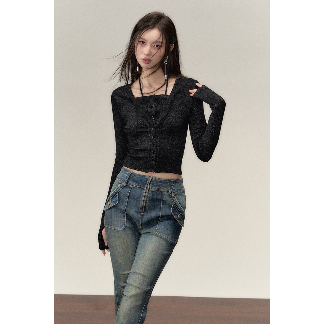 Via Pitti Fake-2-Piece Shiny Short Knit Top Black - Mores Studio