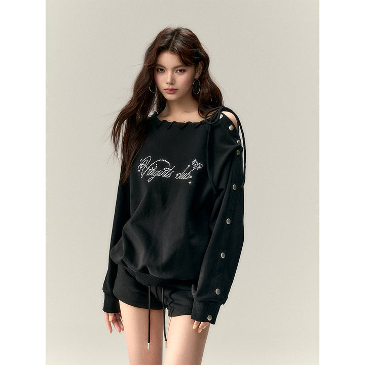 Via Pitti Nail Button Off-Shoulder Loose Sweat Top Black