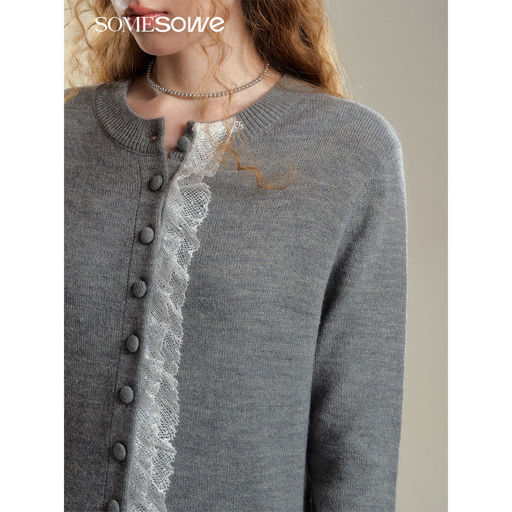 SomeSowe Lace Edge Round-Neck Knit Cardigan Gray