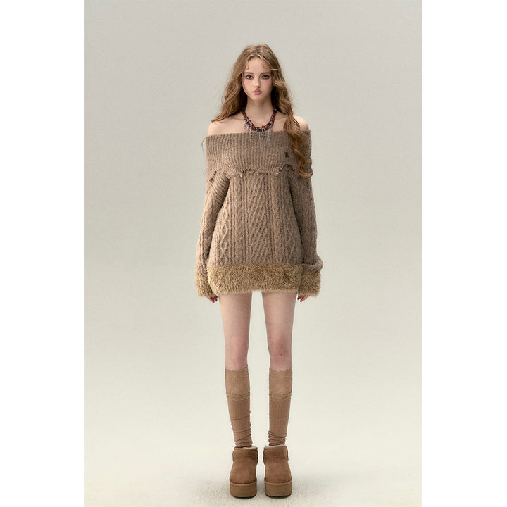 Via Pitti Destroy Cutting Off-Shoulder Knit Sweater Dress Khaki - Mores Studio