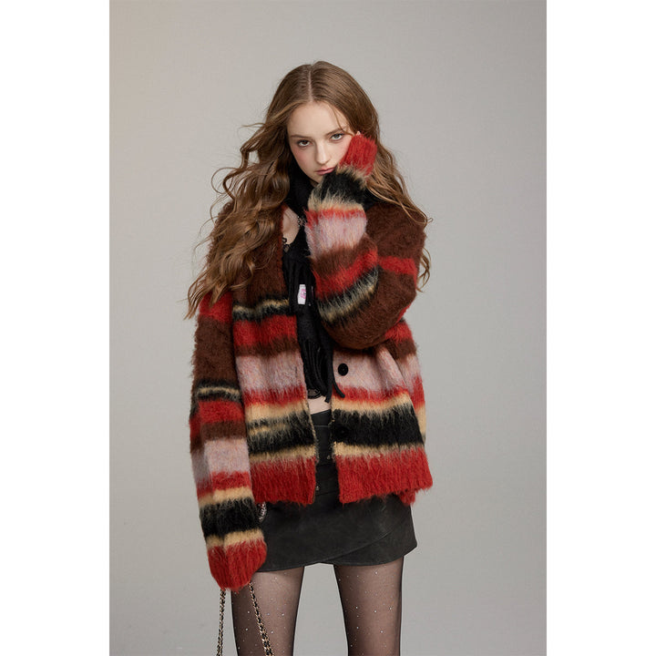 Via Pitti Pulled Fur Colored Striped Knit Cardigan Brown