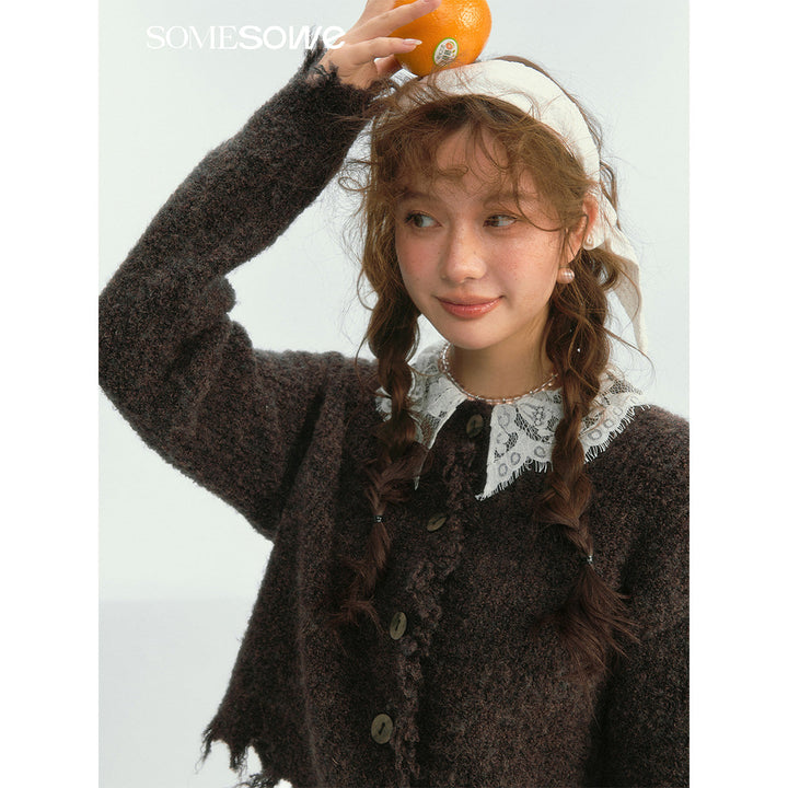 SomeSowe Lace Doll Collar Destroyed Cardigan Dark Brown