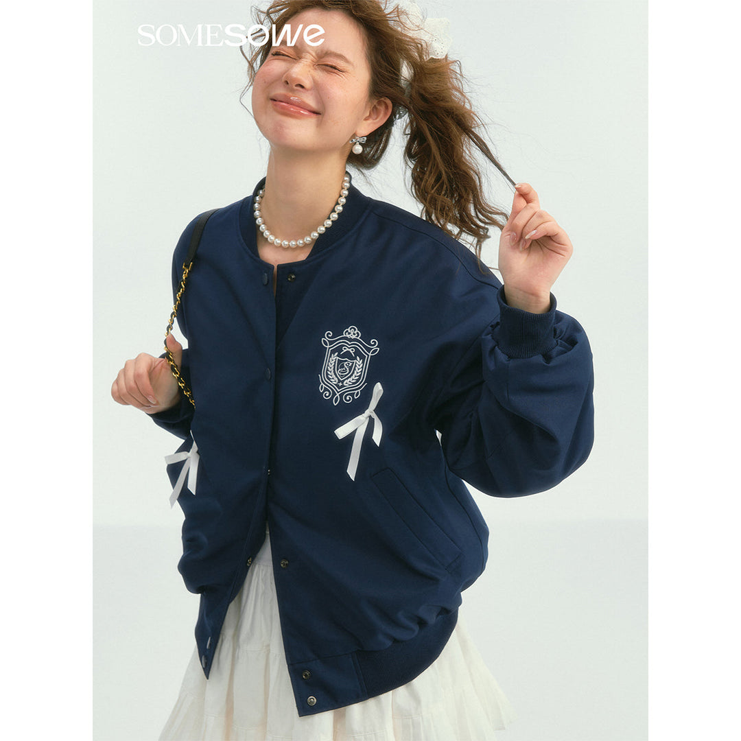 SomeSowe Bow Badge Casual Baseball Jacket Navy Blue