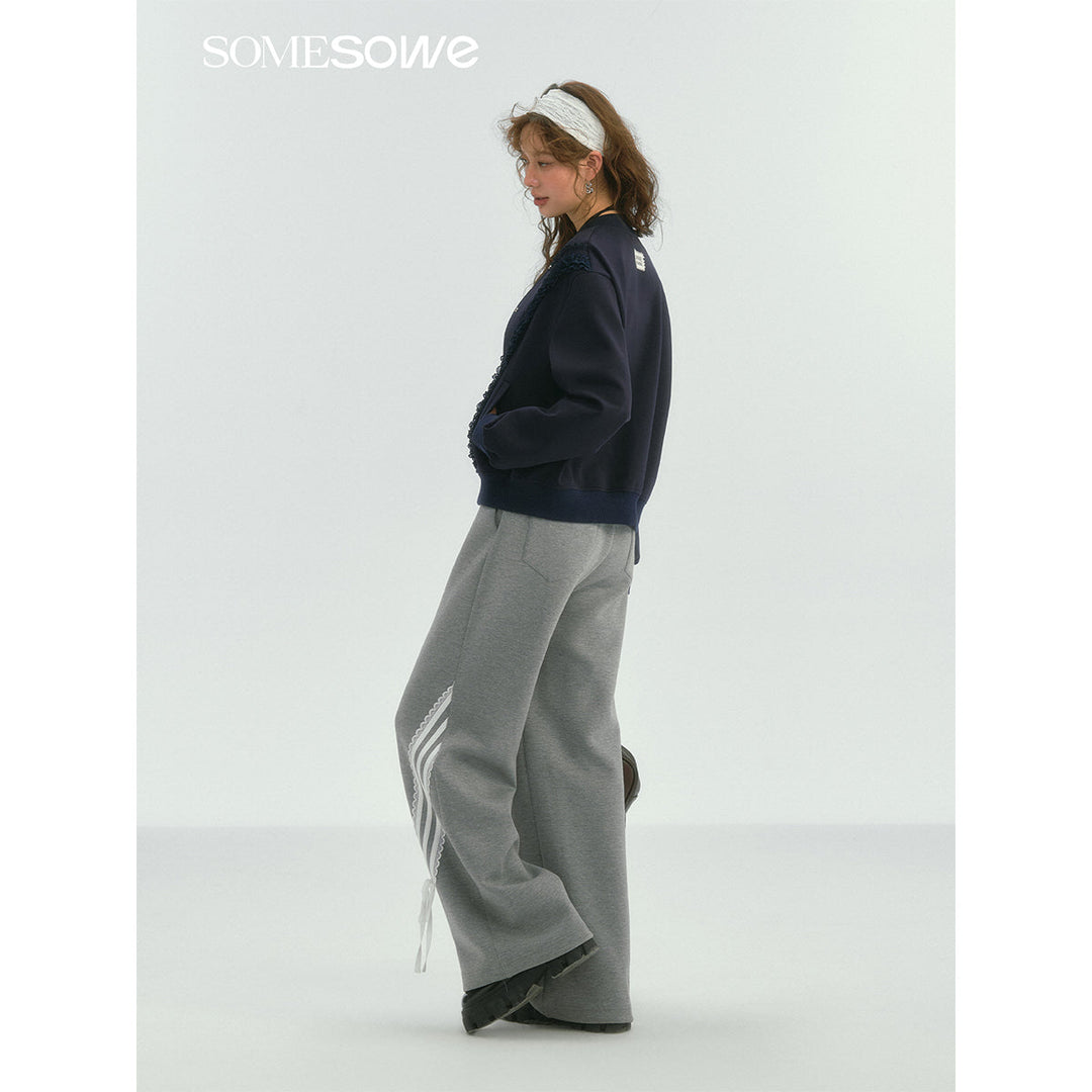 SomeSowe Lace Patchwork Bow Casual Pants Gray