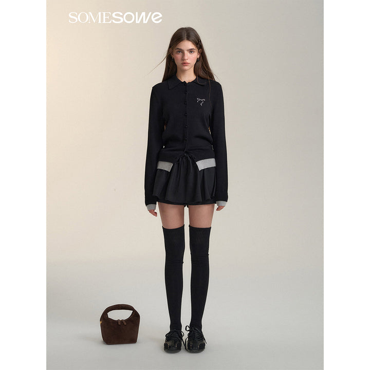 SomeSowe Fake-2-Piece Bow Knit Polo Cardigan Black