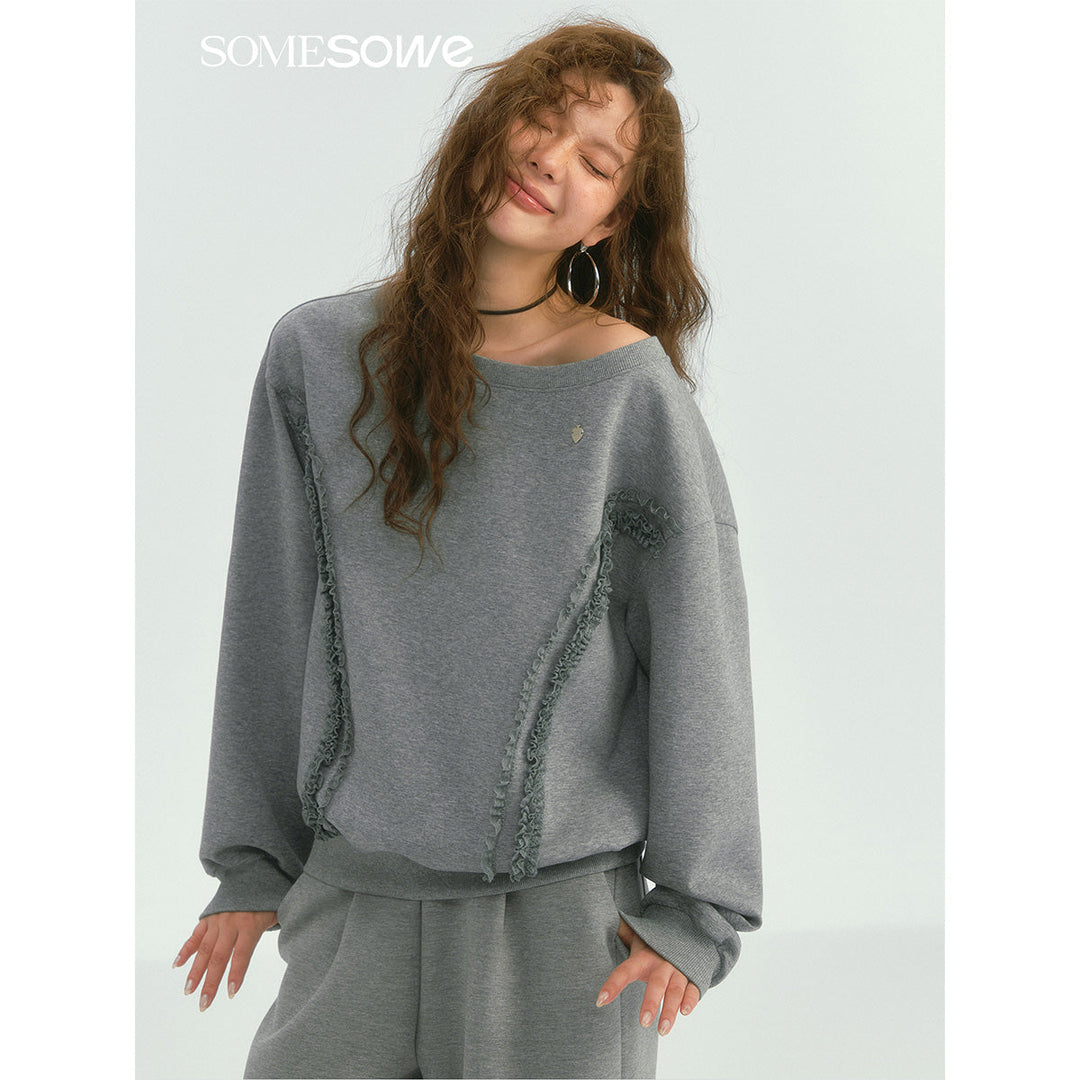 SomeSowe Lace Edge Boat Neck Casual Sweatshirt Gray