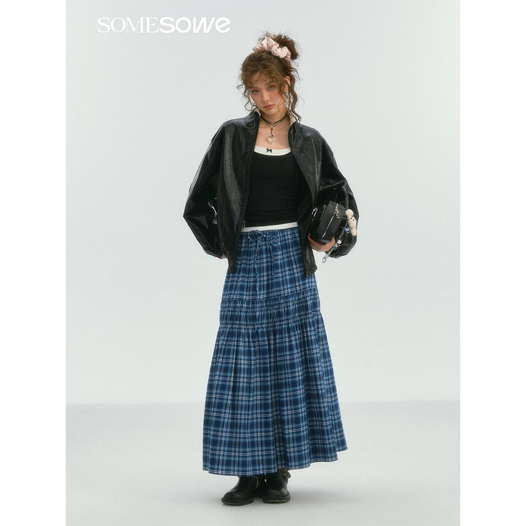 SomeSowe Lace Edge Plaid Drawstring Long Skirt Blue