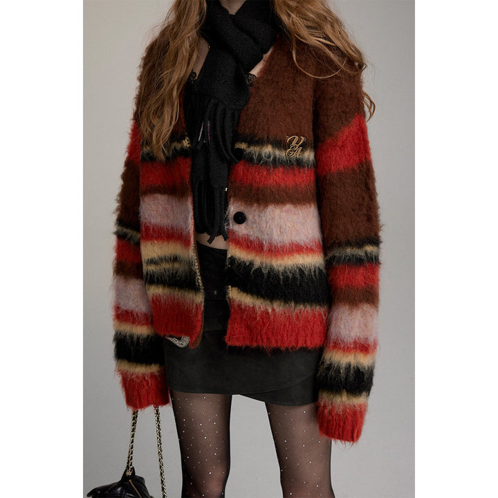 Via Pitti Pulled Fur Colored Striped Knit Cardigan Brown