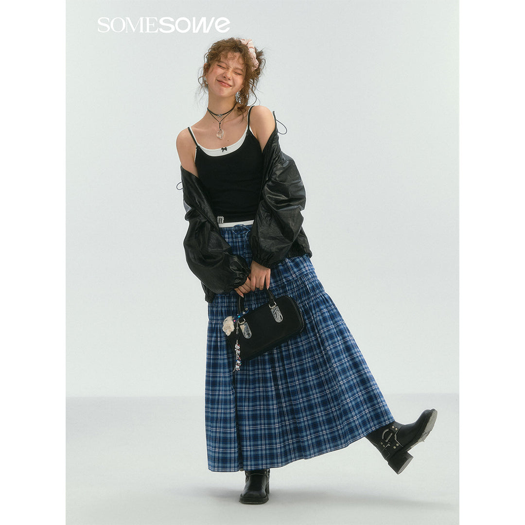 SomeSowe Lace Edge Plaid Drawstring Long Skirt Blue