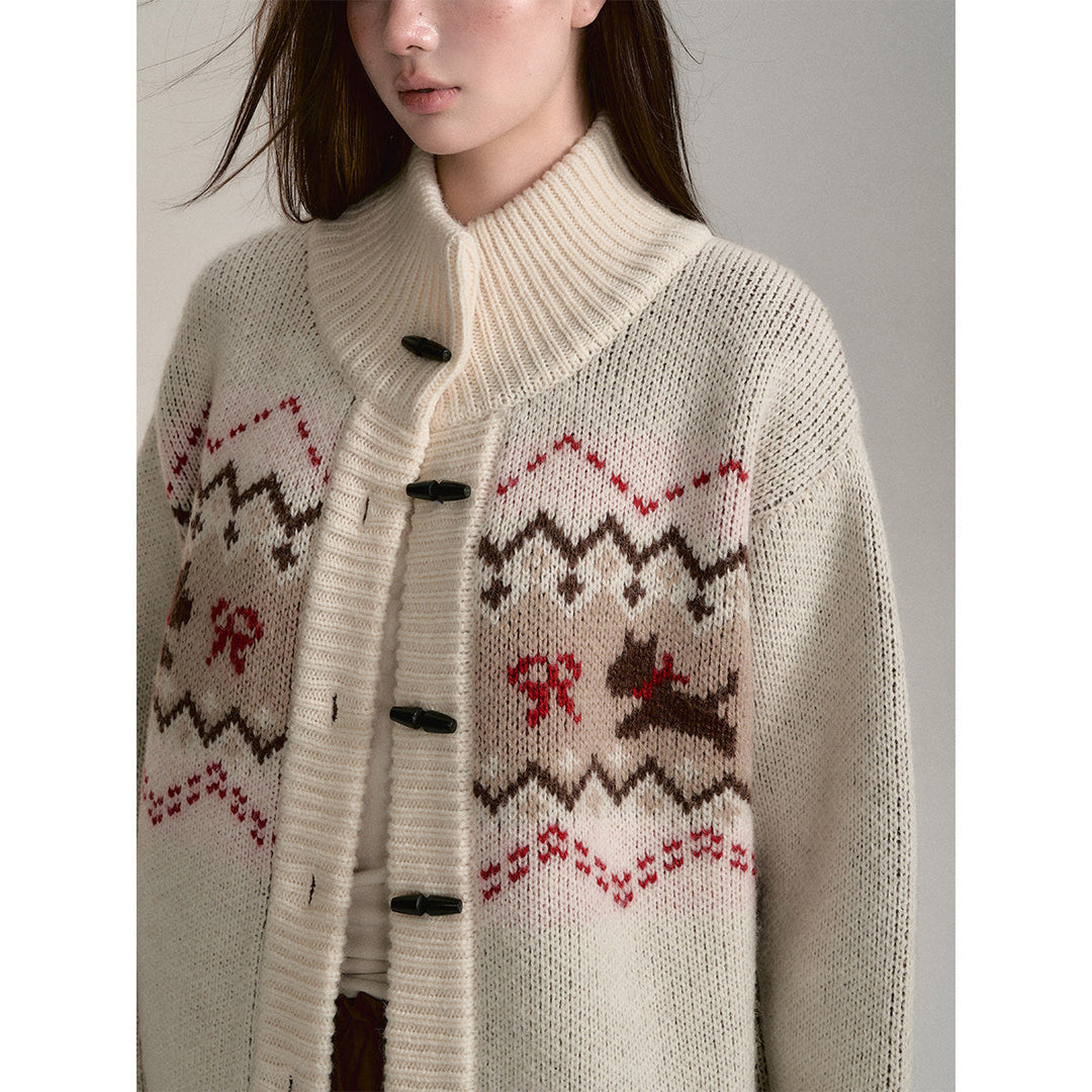 Via Pitti Fair Isle Puppy Loose Knit Cardigan Beige