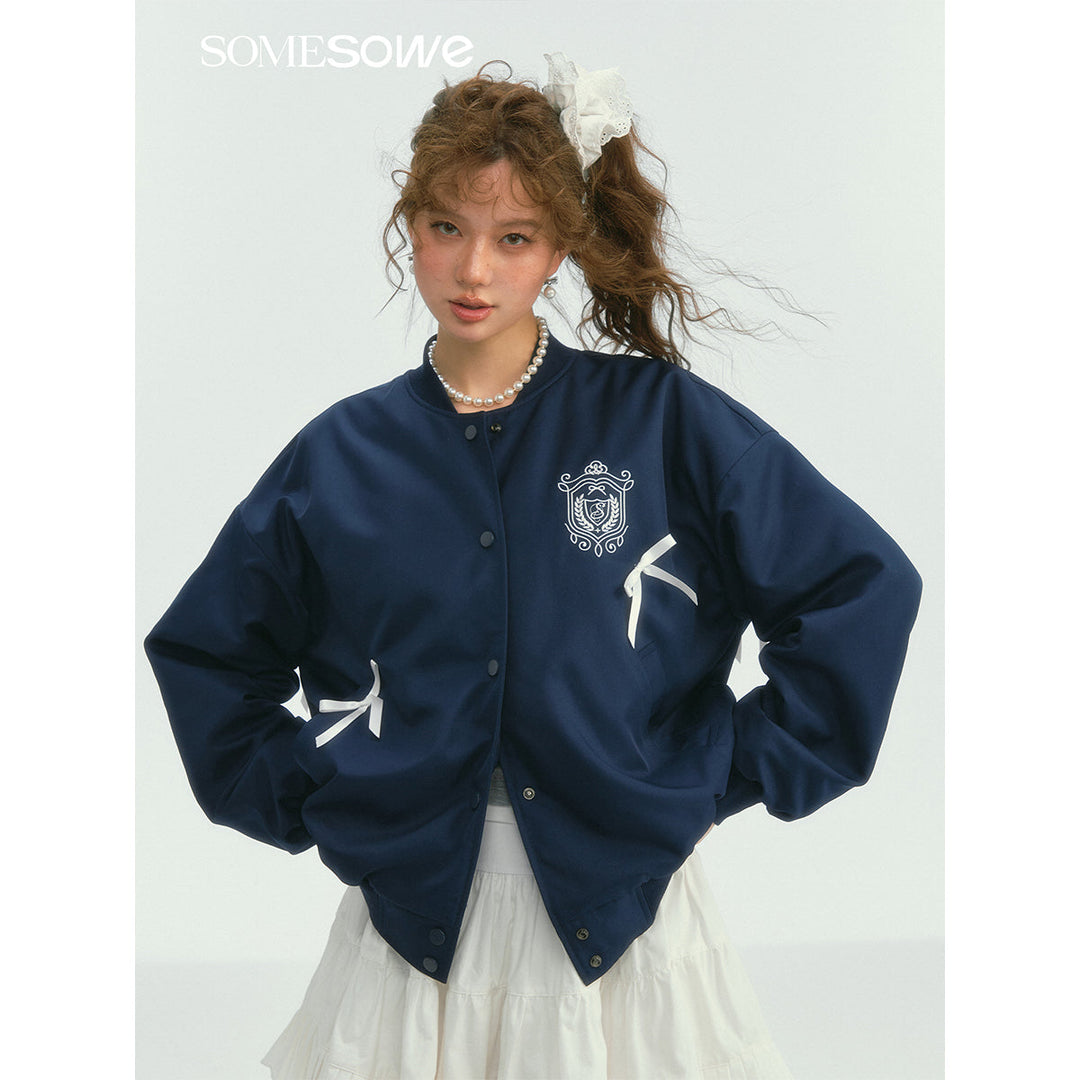 SomeSowe Bow Badge Casual Baseball Jacket Navy Blue