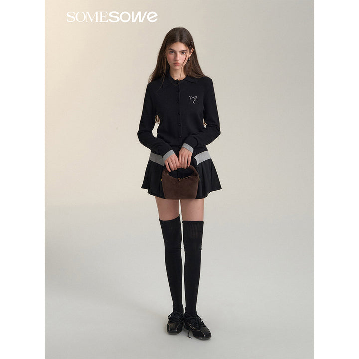 SomeSowe Fake-2-Piece Bow Knit Polo Cardigan Black