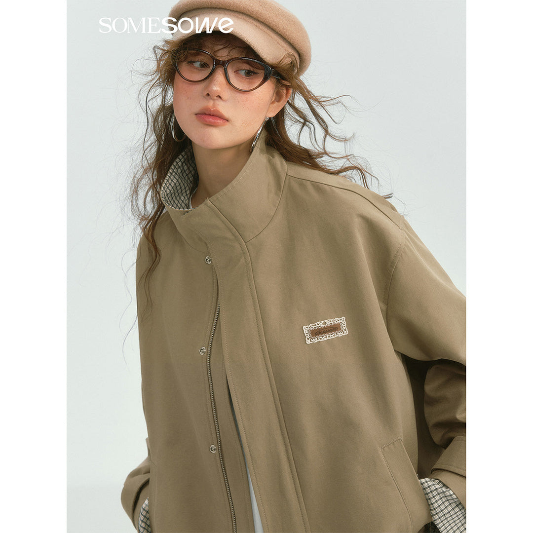 SomeSowe Plaid Patchwork Stand Collar Jacket Khaki