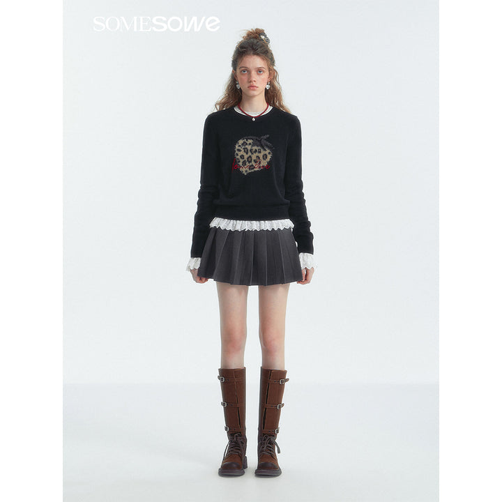 SomeSowe Leopard Strawberry Knit Sweater Black