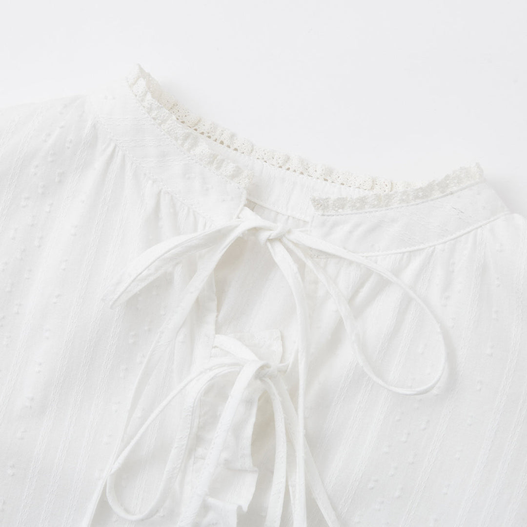 SomeSowe Lace Edge Jacquard Lace Up Top White