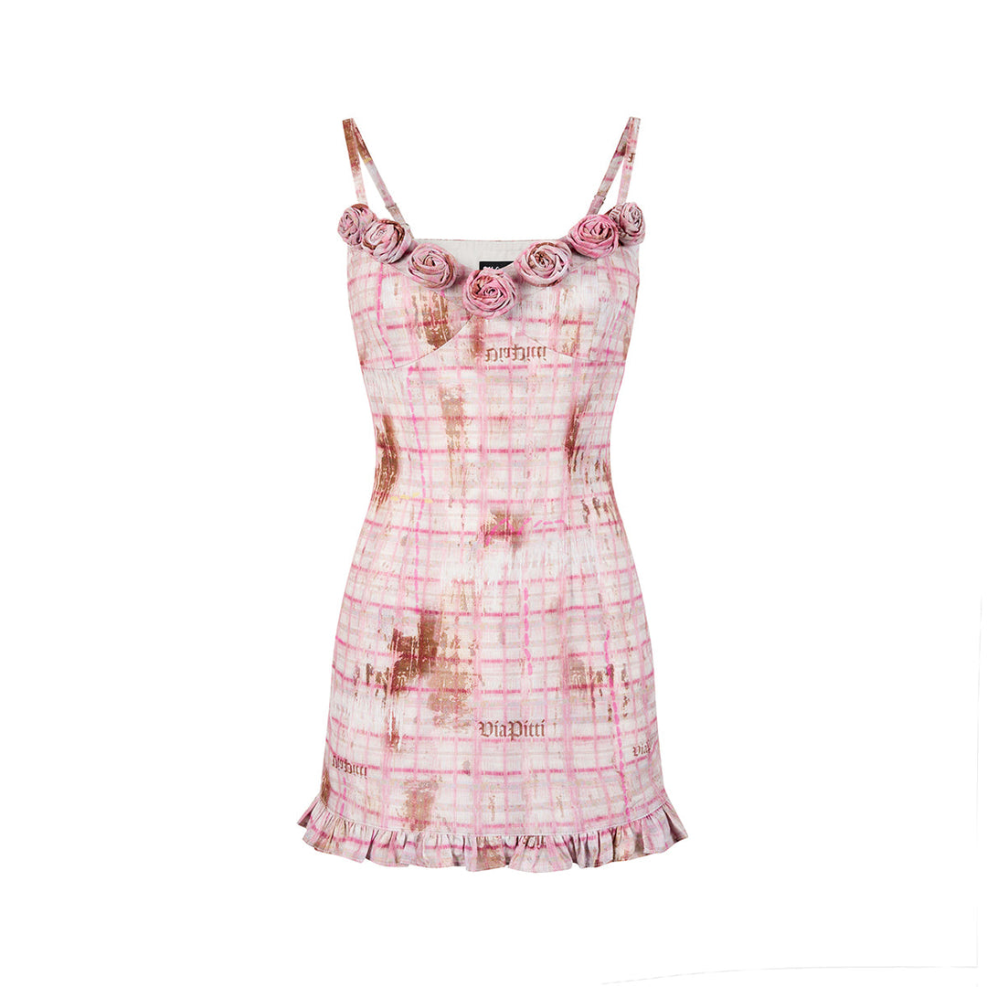 Via Pitti Plaid Rose Slip Vest Dress Pink