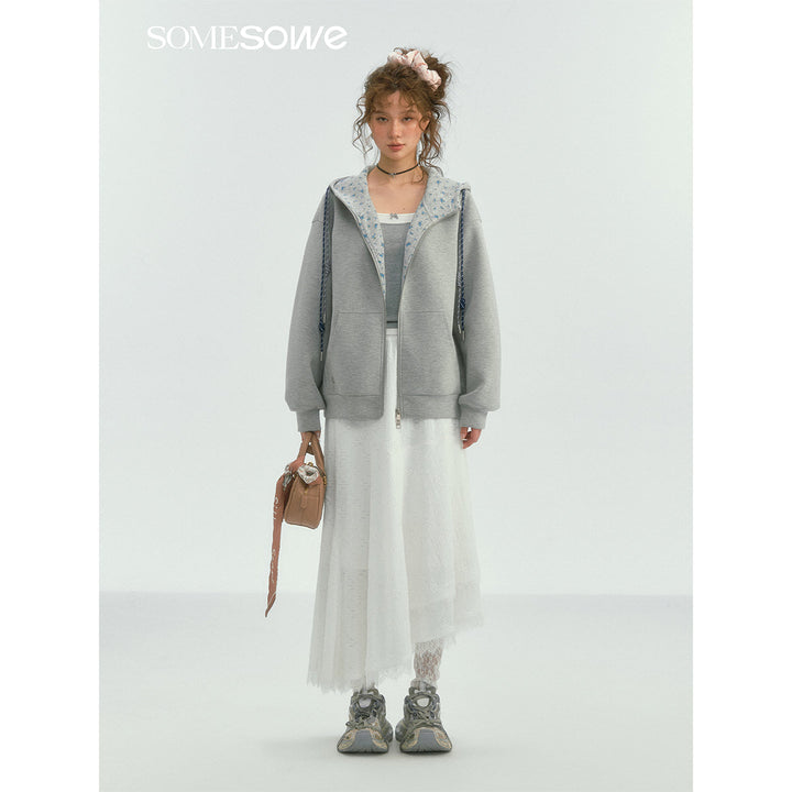 SomeSowe Contrast Color Drawstring Zip Up Hoodie Light Gray