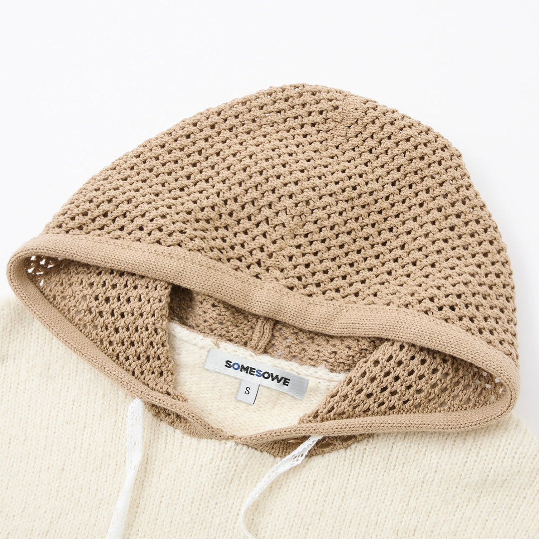 SomeSowe Hollow Out Hooded Knit Sweater Beige