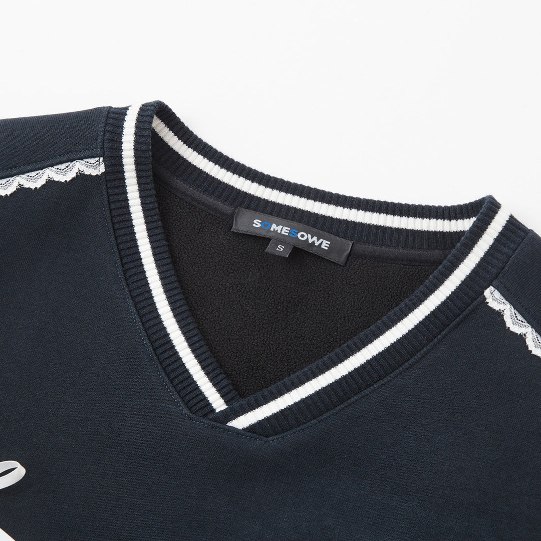 SomeSowe Lace Badge V-Neck Sweatshirt Navy Blue