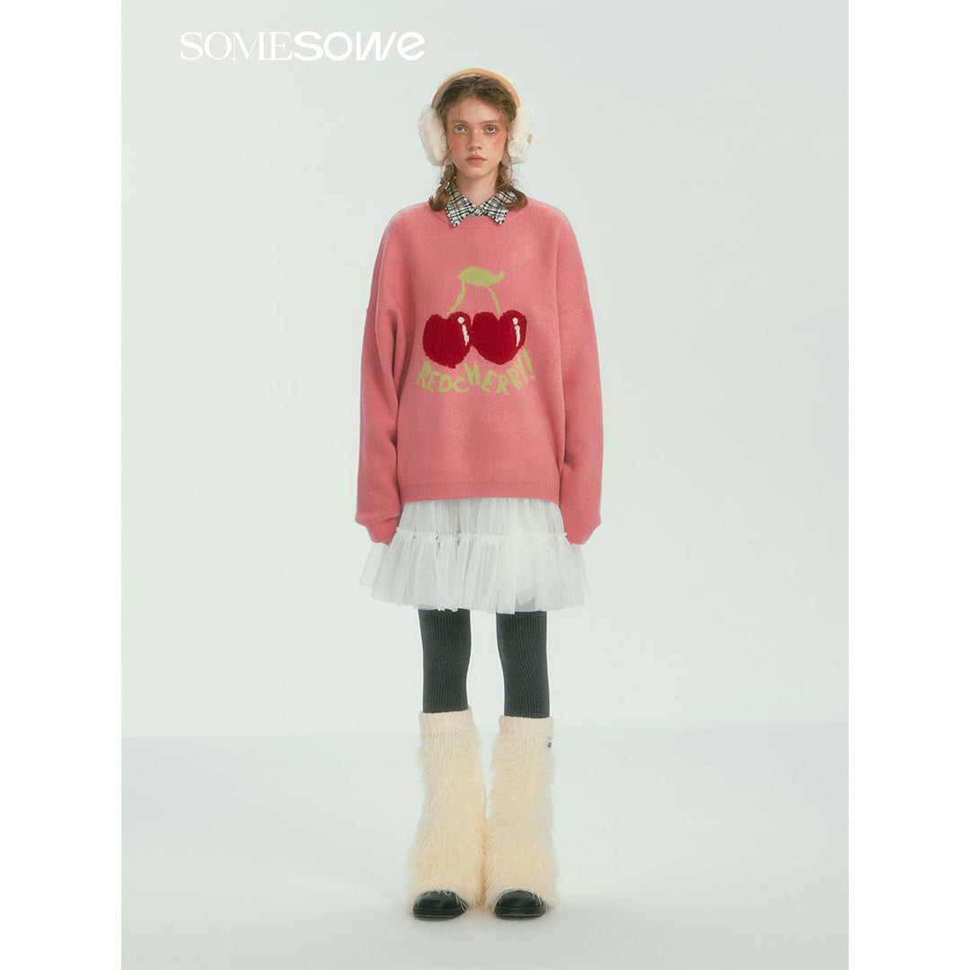 SomeSowe Cherry Jacquard Silhouette Knit Sweater Pink