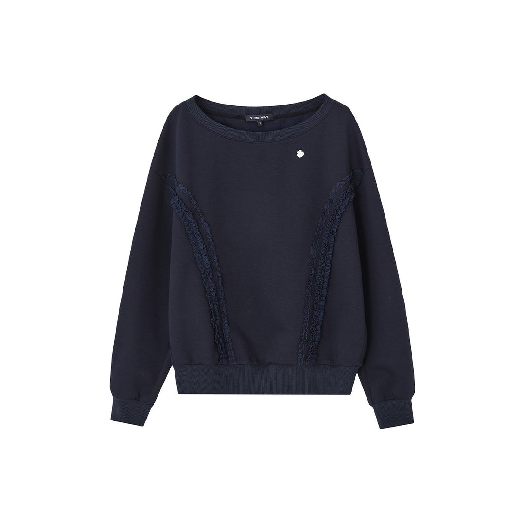 SomeSowe Lace Edge Boat Neck Casual Sweatshirt Navy Blue