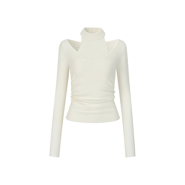 Via Pitti Fake-2-Piece Chocker Neck Waisting Woolen Top White