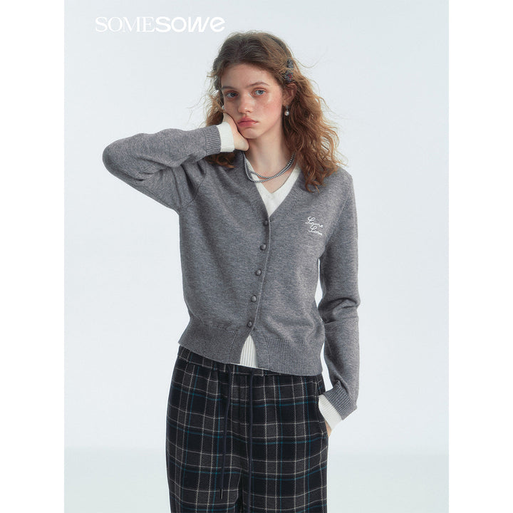 SomeSowe Fake-2-Piece V-Neck Knit Cardigan Gray