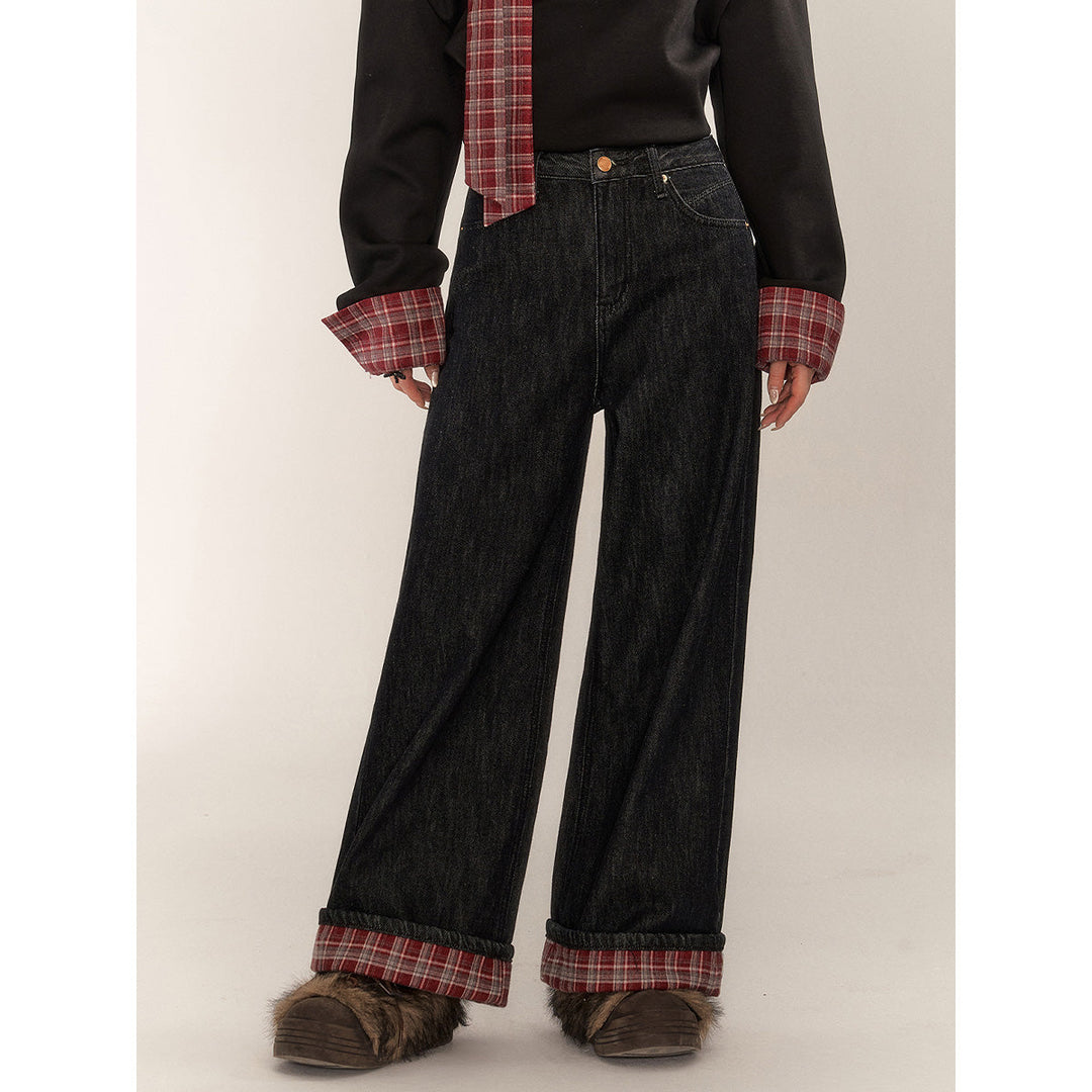 AsGony Retro Brushed Plaid Turn Over Edge Wide-Leg Jeans