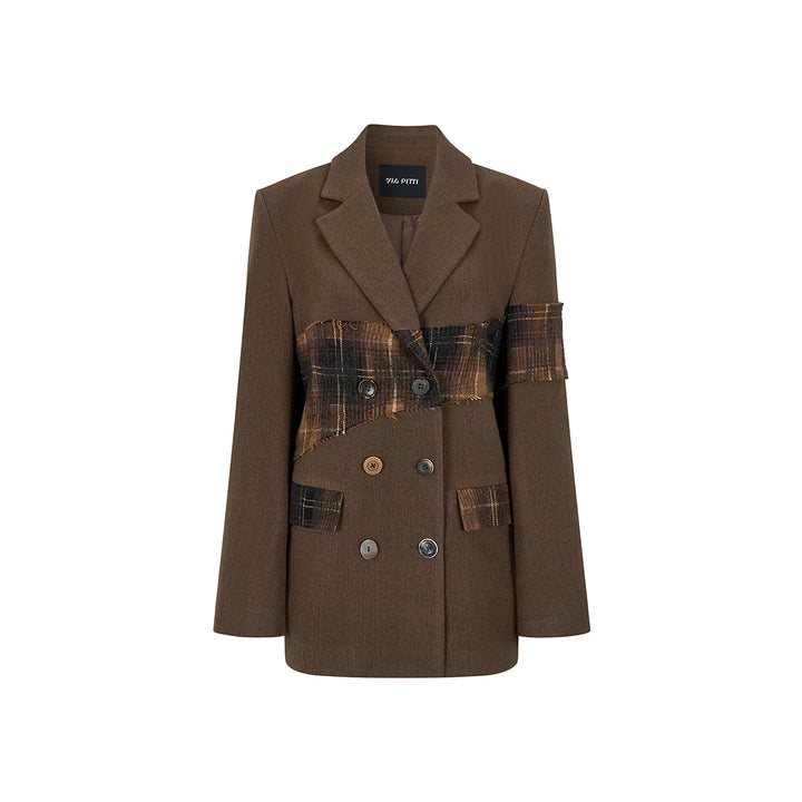 Via Pitti Heavy Plaid Patchwork Mid-Length Coat Brown