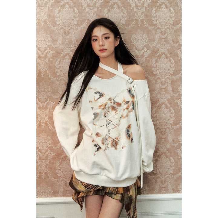 Via Pitti Special Lace Patchwork Off Shoulder Sweater White - Mores Studio