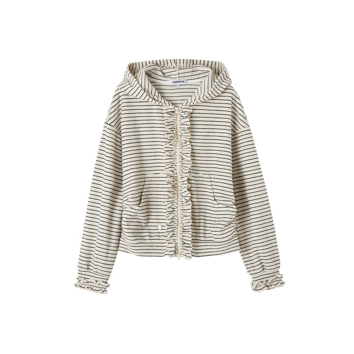 SomeSowe Soft Striped Ruffled Zip Up Hoodie White