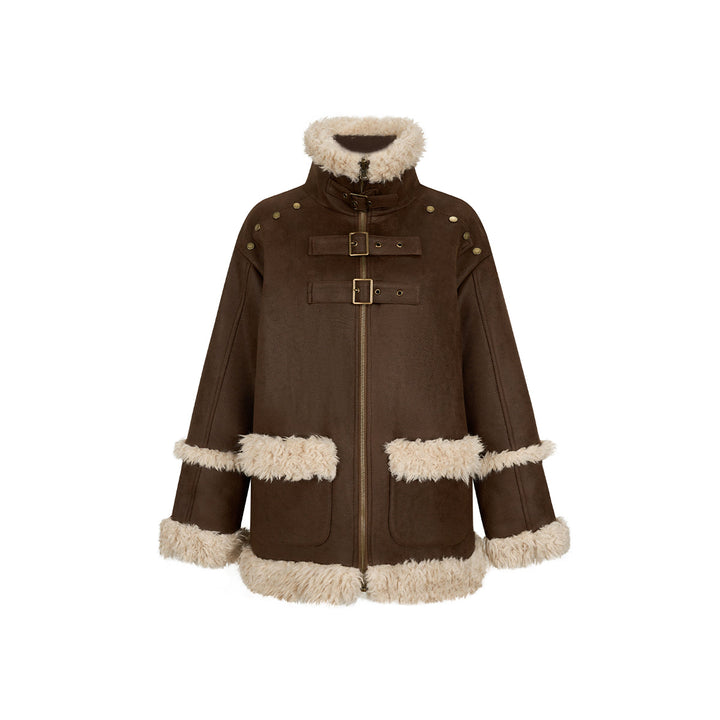 Via Pitti Fluffy Patchwork Reversible Suede Jacket Brown - Mores Studio