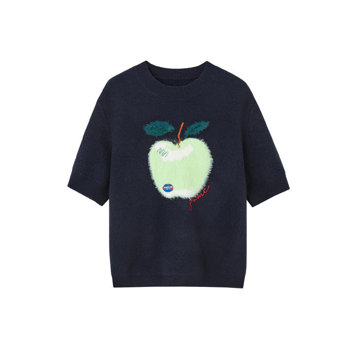 SomeSowe Green Apple Short Sleeve Knit Sweater Navy Blue