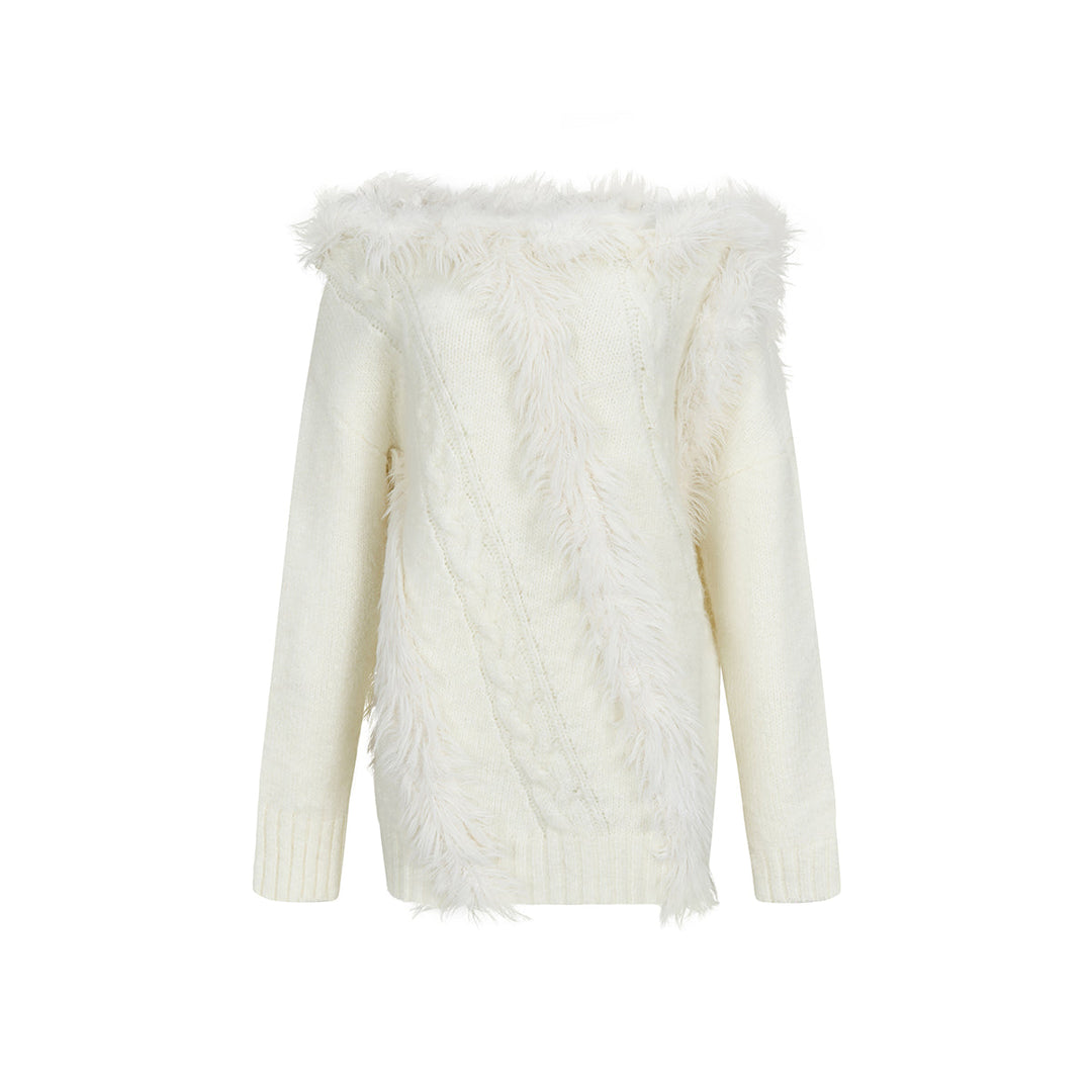 Via Pitti Off Shoulder Fur Integrated Knit Sweater White - Mores Studio