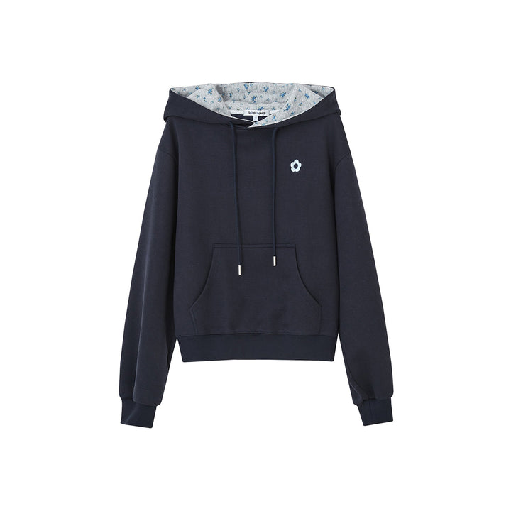 SomeSowe Contrast Color Floral Hoodie Navy Blue