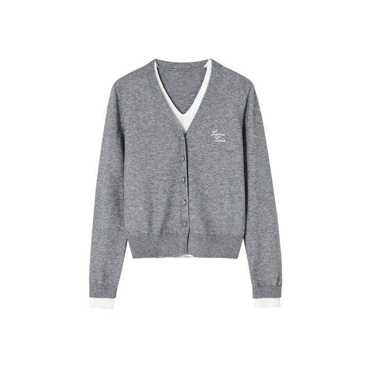 SomeSowe Fake-2-Piece V-Neck Knit Cardigan Gray