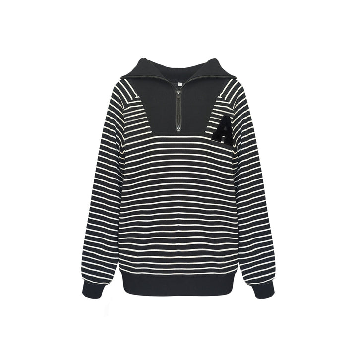 AsGony Striped Zipper Lapel Casual Sweater Black