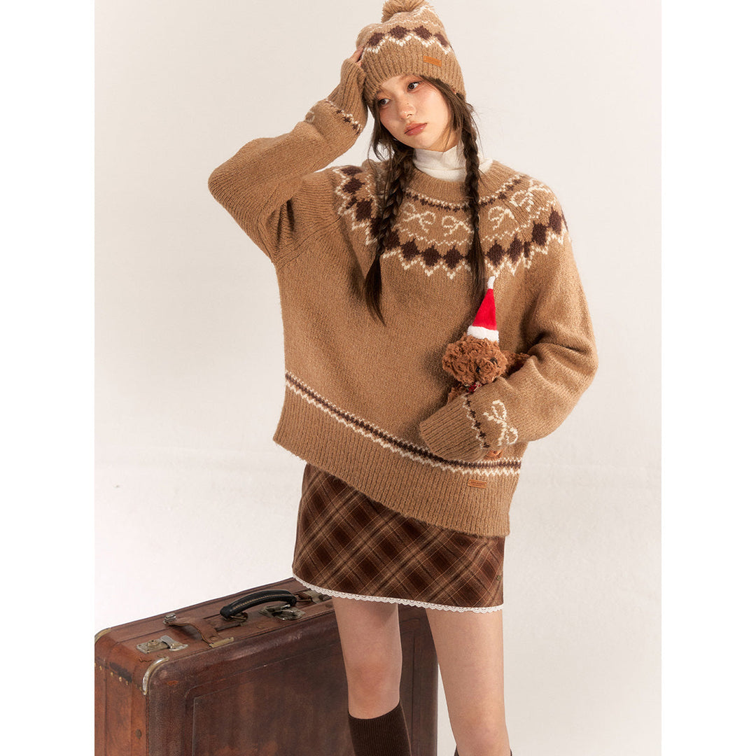 AsGony Fair Isle Blended Woolen Knit Sweater Brown